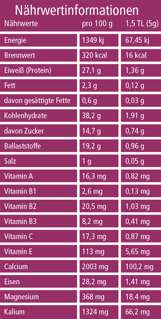 Bio Moringa - Nährwertinformationen Nährwertinformationen - Bio Moringa